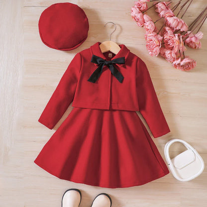 Girls' Autumn/Winter Bow Fleece Coat+Tank Top Dress+Beret