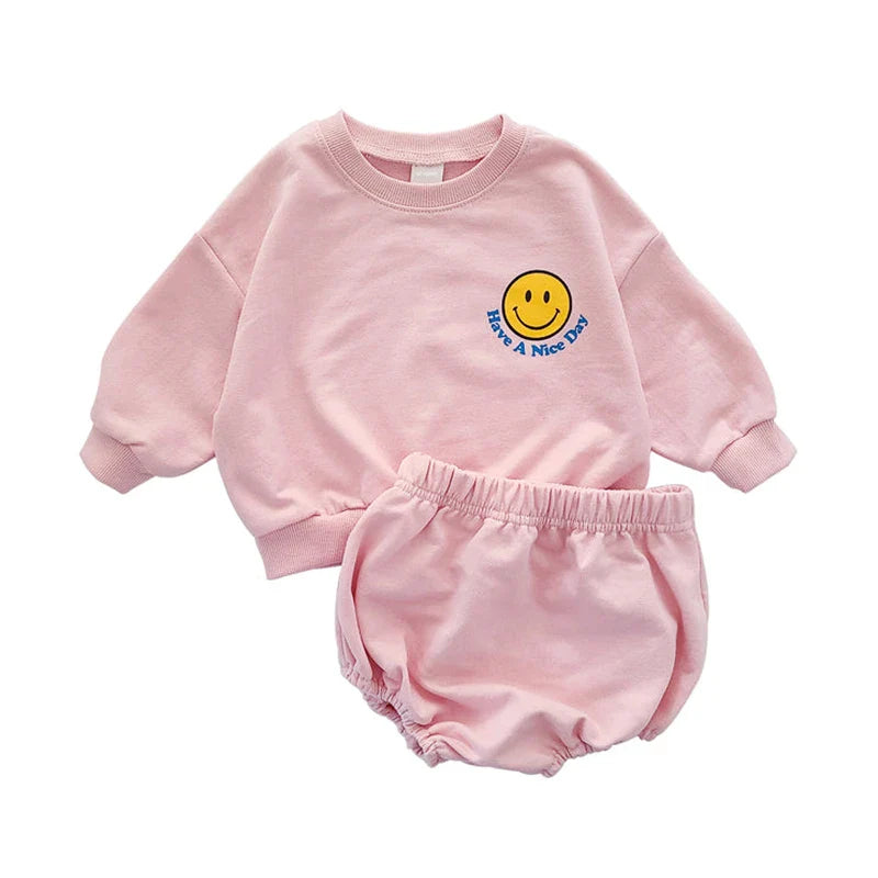 Smiley Face Print Cotton Sweatershirt + PP Short Pants Set: Toddler Sports Outfit