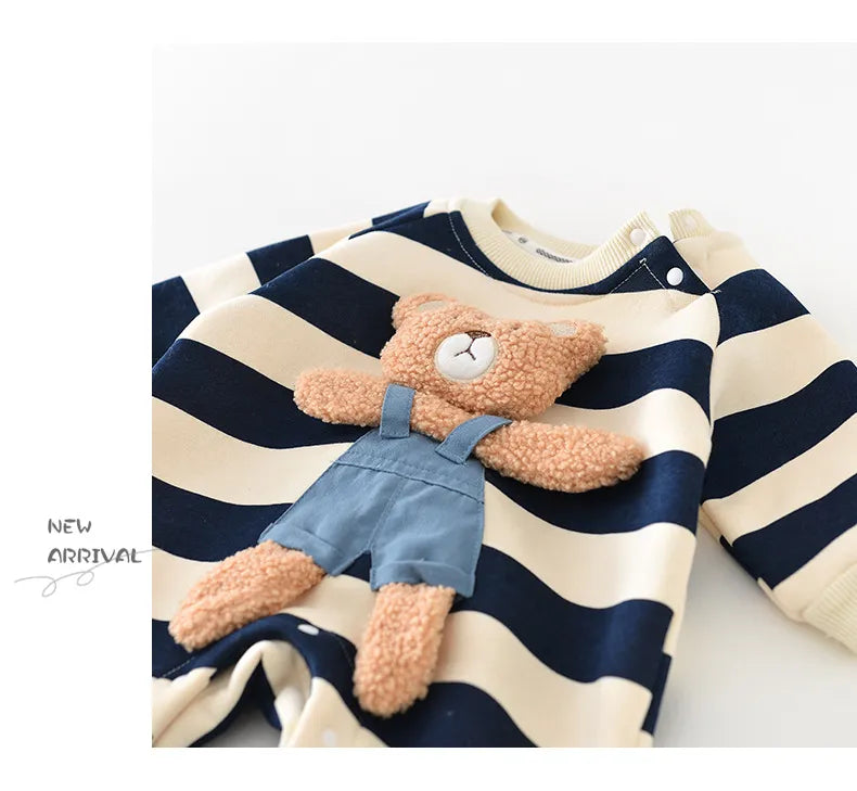 Thick Lining Baby Rompers - Striped Bear Outfit