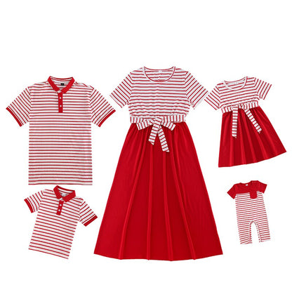 Family Matching Outfits Striped Dress with Bow Button T-Shirt Casual  Family Look