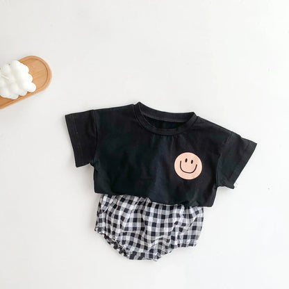 Smile Face Cotton T-shirt + Plaid Shorts Set: Summer Baby Outfit