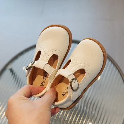 Kids T-Strap Leather Flats: Breathable