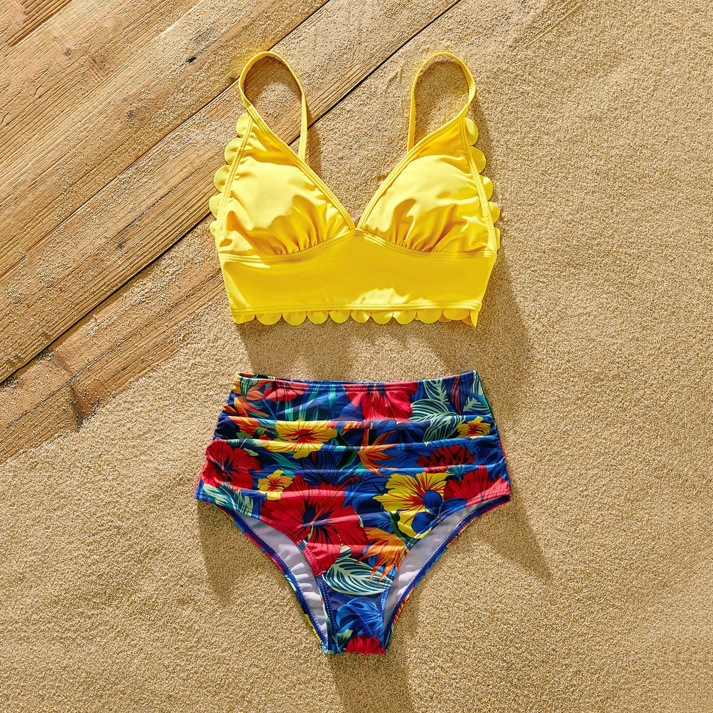 Family Matching: Solid Scallop Two-Piece & Floral Trunks
