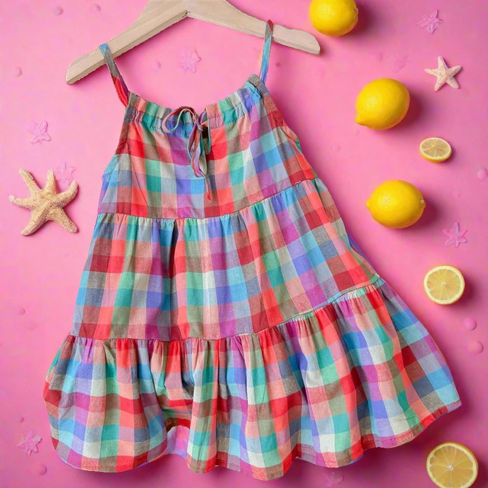 Summer Girls' Colorful Plaid Strap Dress