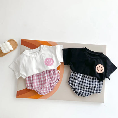 Smile Face Cotton T-shirt + Plaid Shorts Set: Summer Baby Outfit