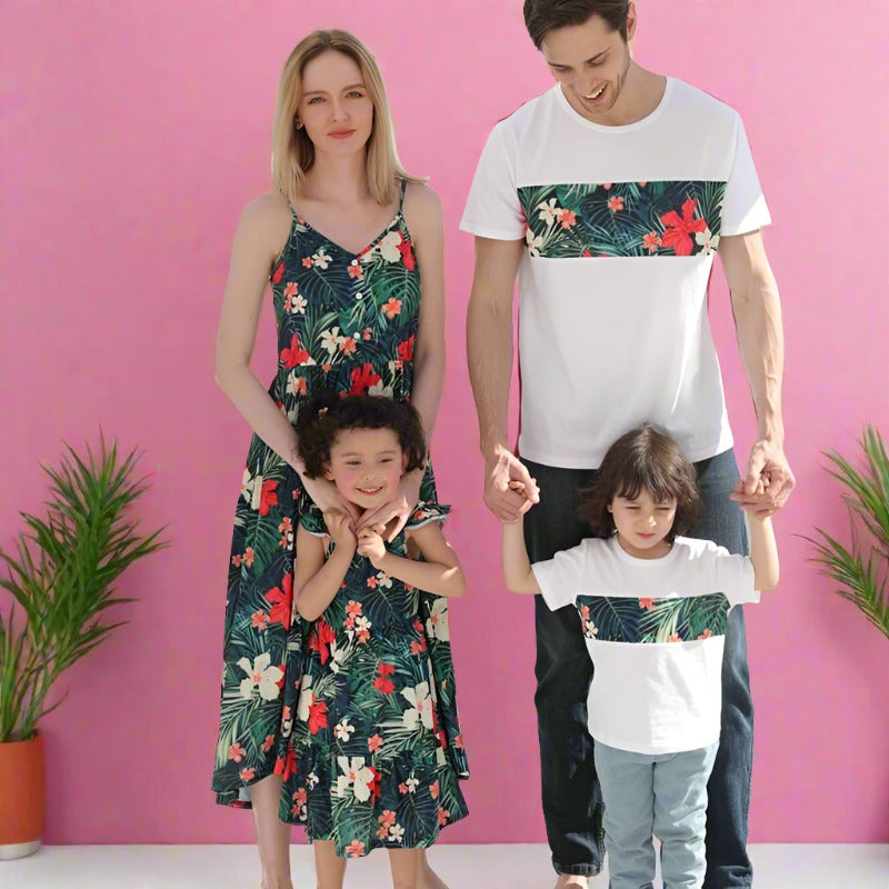 Flower Print Mother Father Kids Matching Outfits