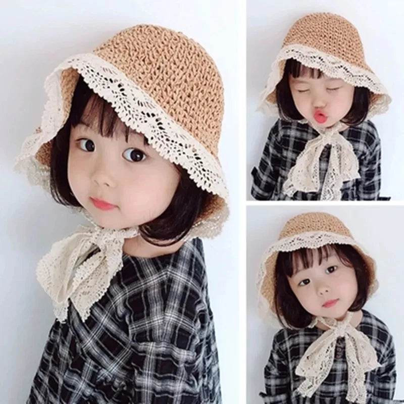 Summer Princess Lace Straw Sun Hat for Girls 2-5Y
