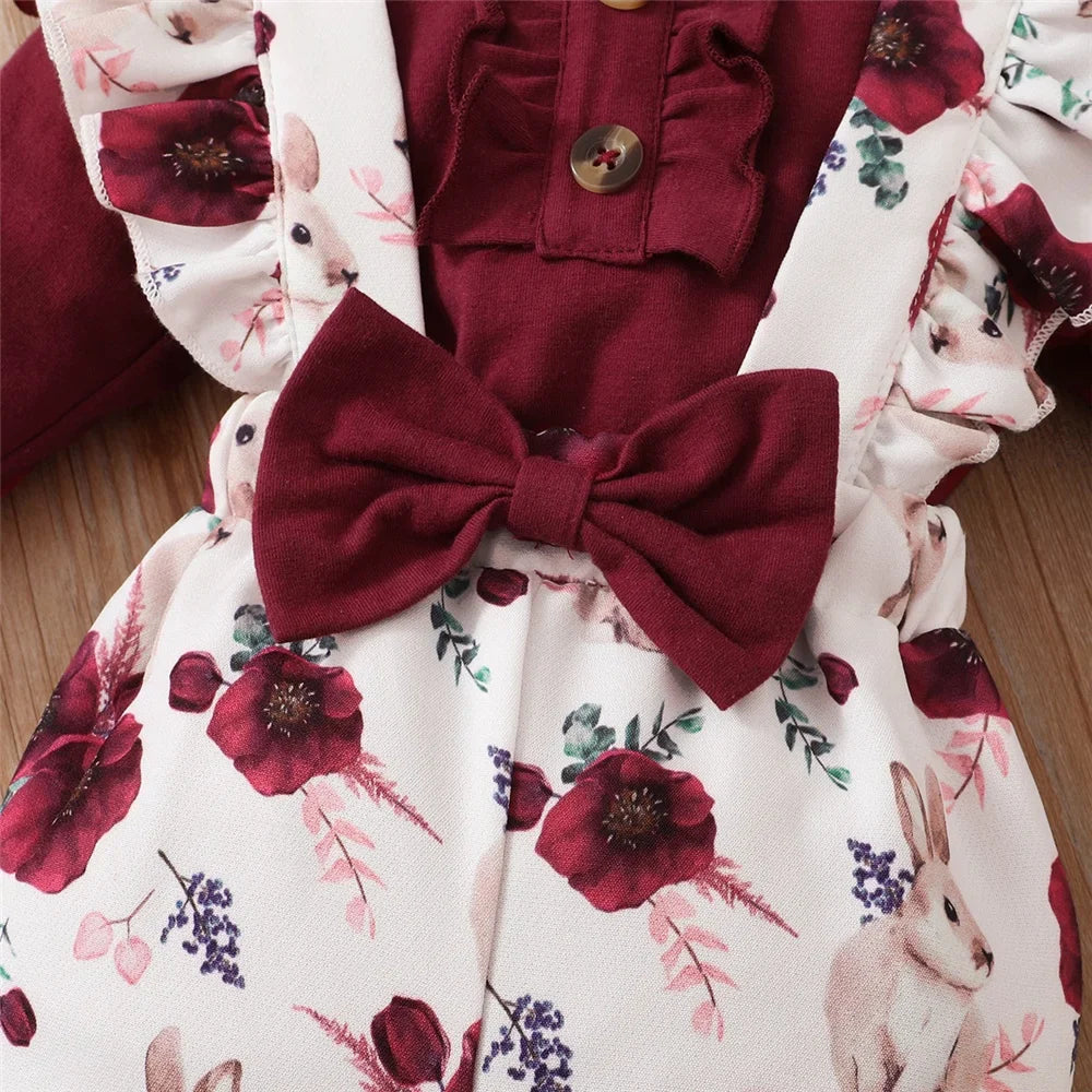 Baby Girl Red Long Sleeve Bodysuit + Flower Strap Pants Set