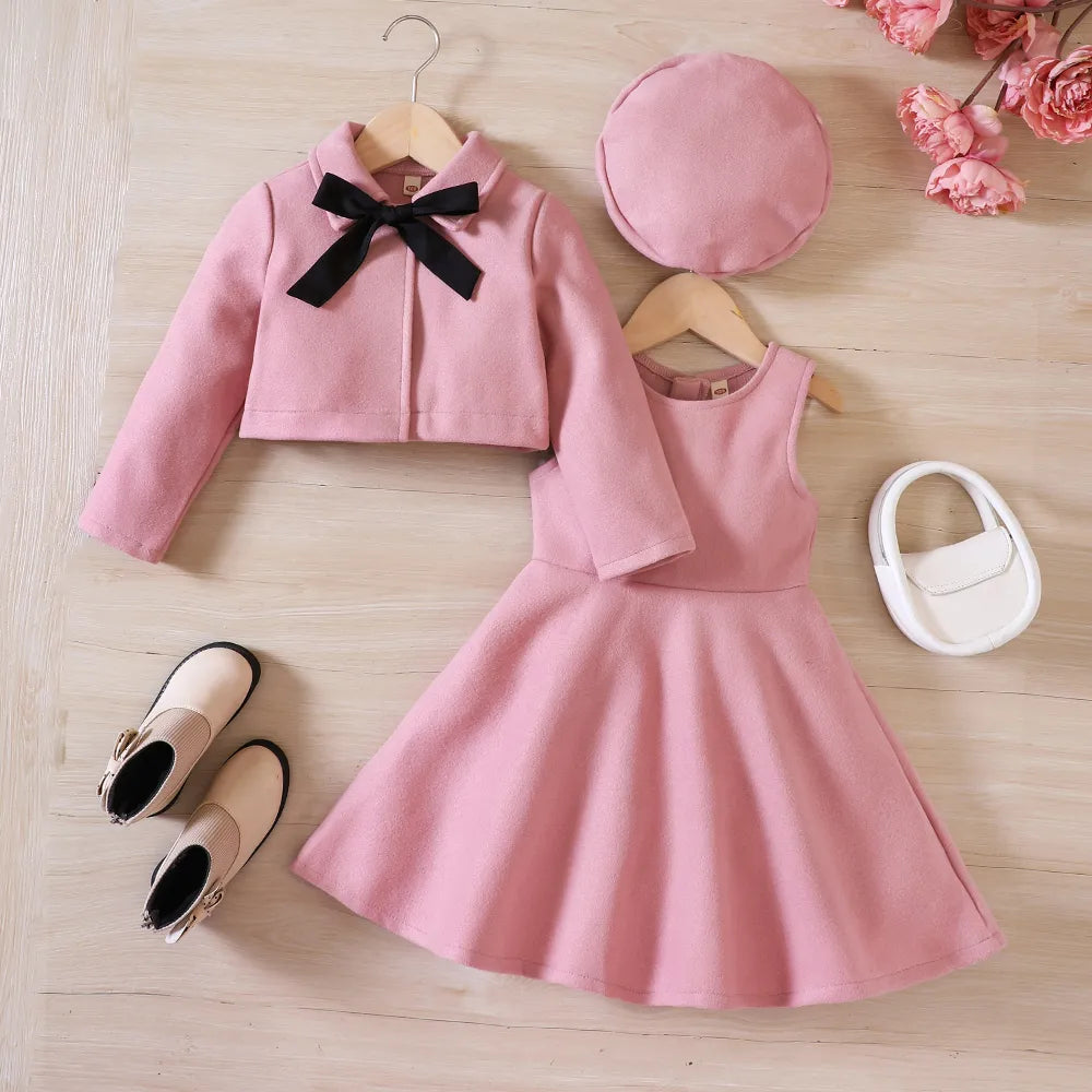 Girls' Autumn/Winter Bow Fleece Coat+Tank Top Dress+Beret