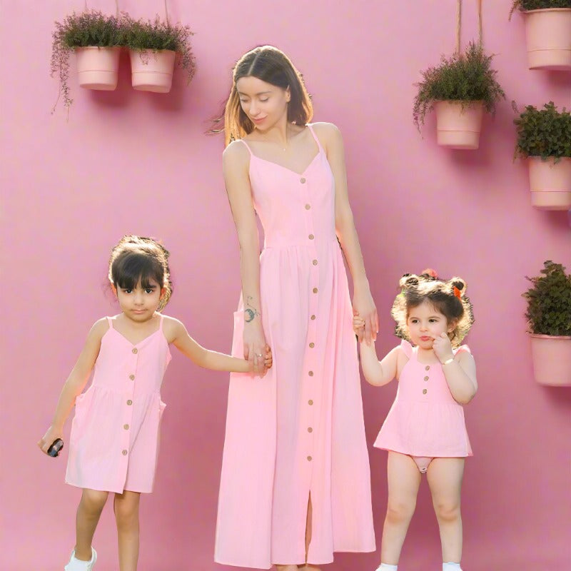 Button Dress with Pocket Baby Overall Rompers Family Matching Outfits