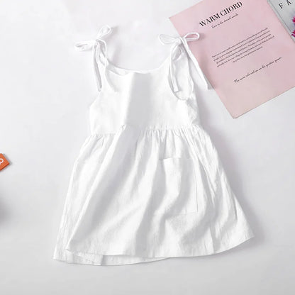 Girls' Summer Suspender Dress: Solid Color with Pocket