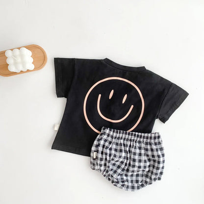 Smile Face Cotton T-shirt + Plaid Shorts Set: Summer Baby Outfit