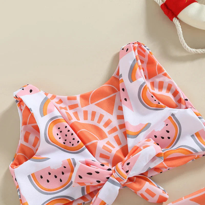 Watermelon Print Striped Swimsuit: Kid Girl's Two-Piece Beach Bathing Suit
