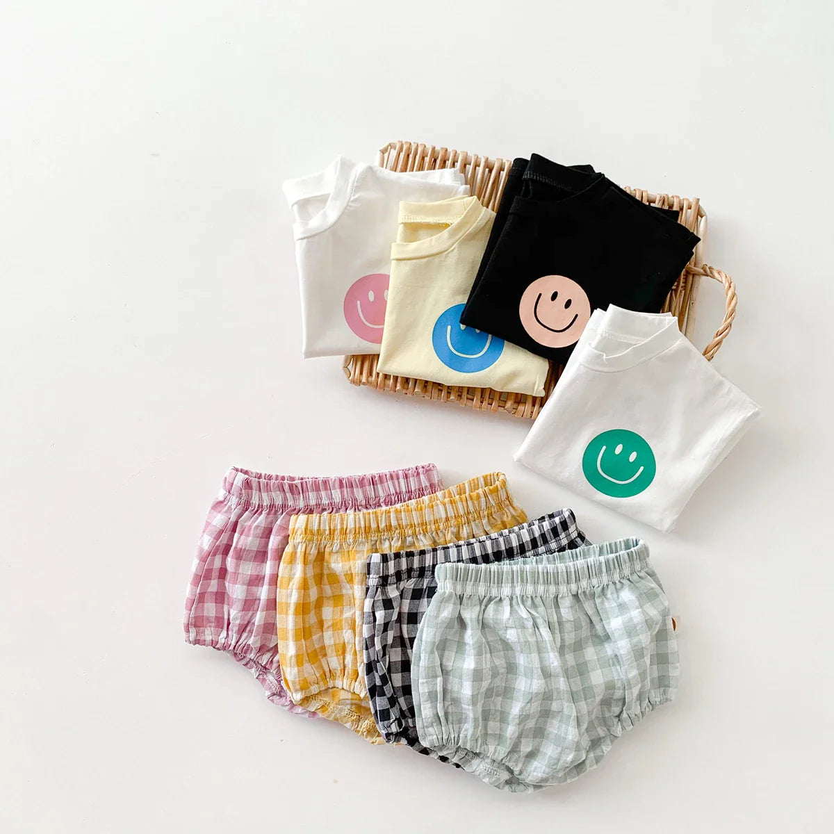 Smile Face Cotton T-shirt + Plaid Shorts Set: Summer Baby Outfit