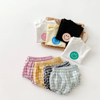 Smile Face Cotton T-shirt + Plaid Shorts Set: Summer Baby Outfit