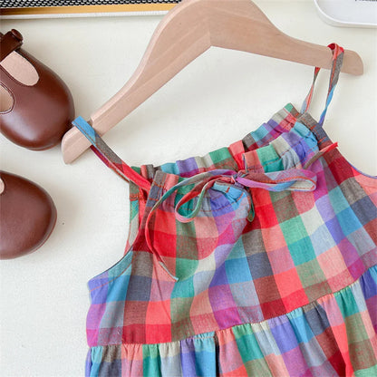 Summer Girls' Colorful Plaid Strap Dress