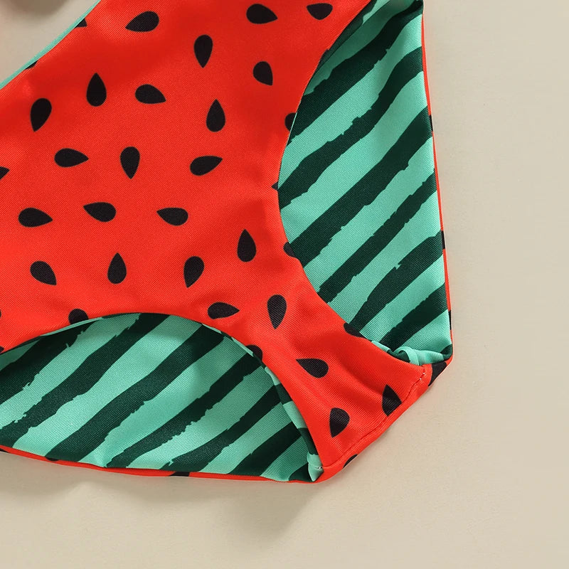 Watermelon Print Striped Swimsuit: Kid Girl's Two-Piece Beach Bathing Suit
