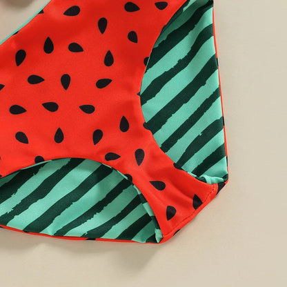 Watermelon Print Striped Swimsuit: Kid Girl's Two-Piece Beach Bathing Suit