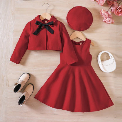 Girls' Autumn/Winter Bow Fleece Coat+Tank Top Dress+Beret