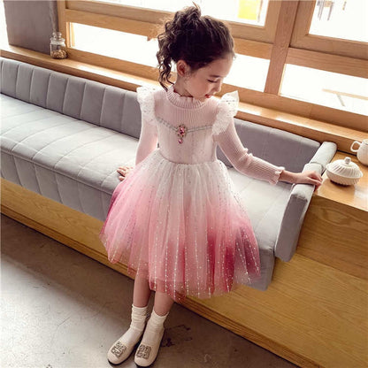 Butterfly Sleeves and Diamond Rhinestone Knitted Girl Dress