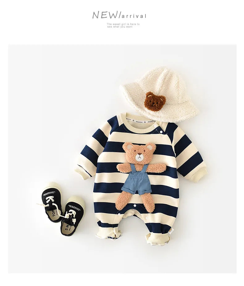 Thick Lining Baby Rompers - Striped Bear Outfit