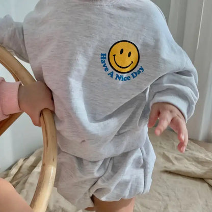Smiley Face Print Cotton Sweatershirt + PP Short Pants Set: Toddler Sports Outfit