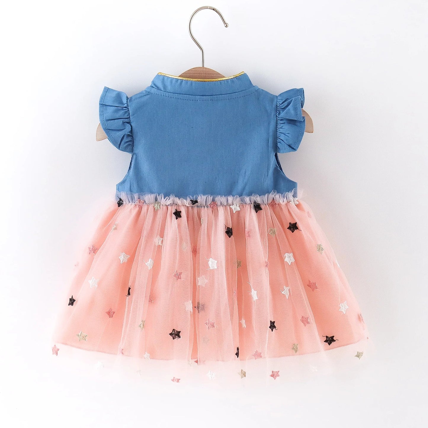 Girls' Summer Bow Denim Dress with Flying Sleeves