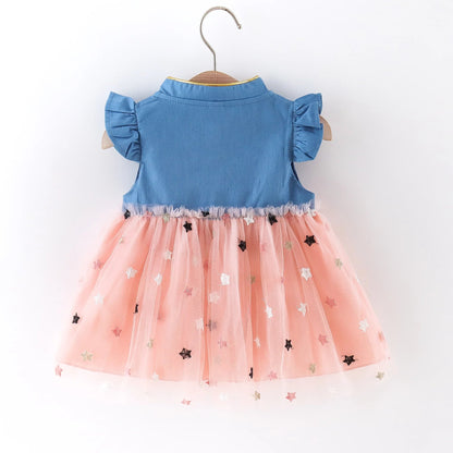 Girls' Summer Bow Denim Dress with Flying Sleeves