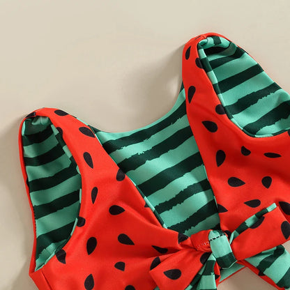 Watermelon Print Striped Swimsuit: Kid Girl's Two-Piece Beach Bathing Suit