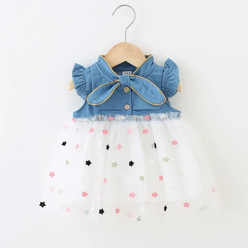 Girls' Summer Bow Denim Dress with Flying Sleeves