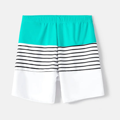 Family Matching Swimwear: Striped One-Piece & Colorblock Trunks, Summer Ready