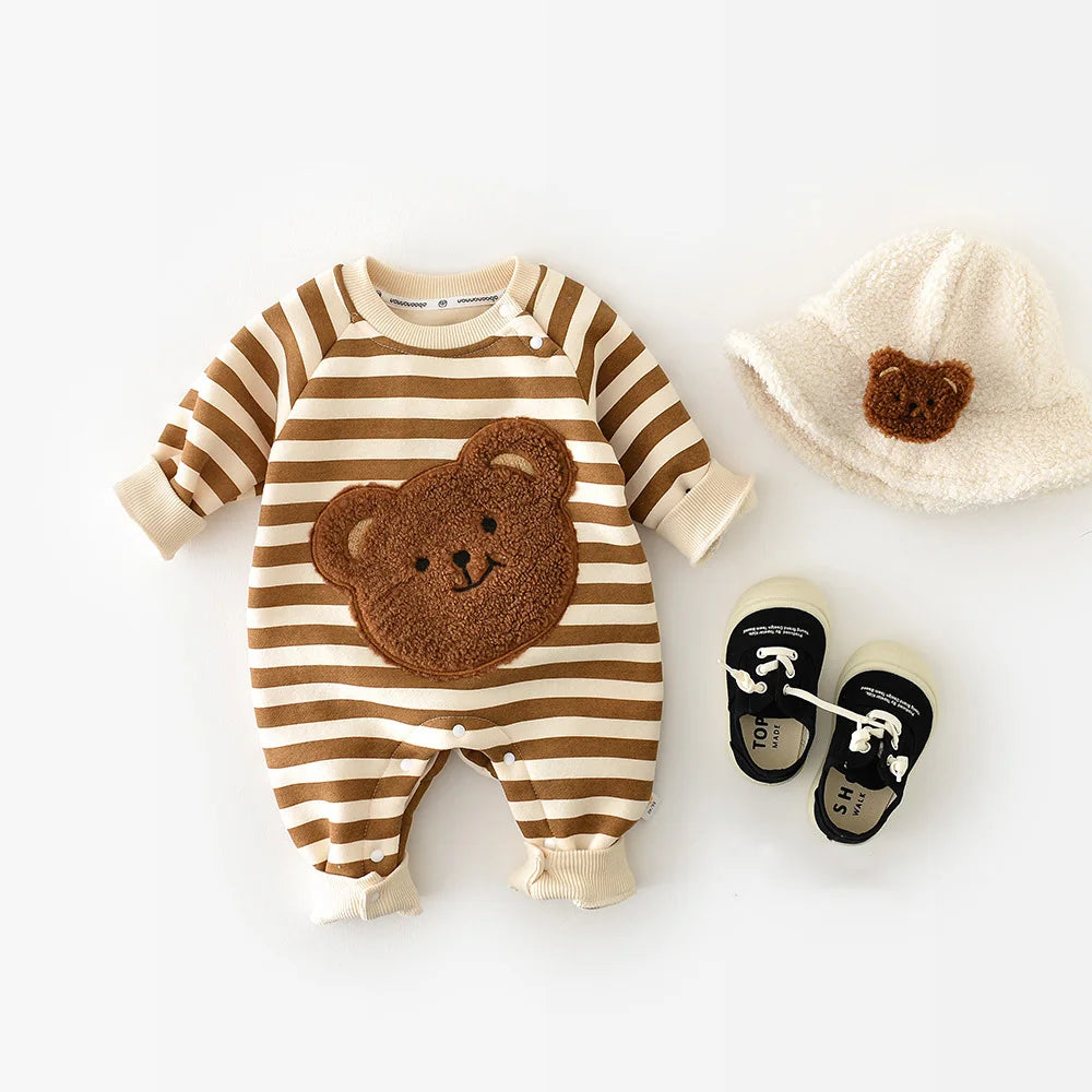 Thick Lining Baby Rompers - Striped Bear Outfit