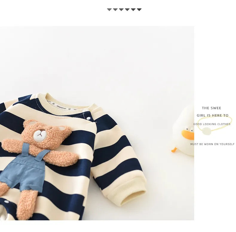 Thick Lining Baby Rompers - Striped Bear Outfit