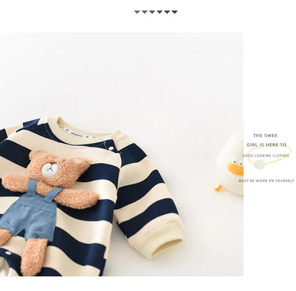 Thick Lining Baby Rompers - Striped Bear Outfit