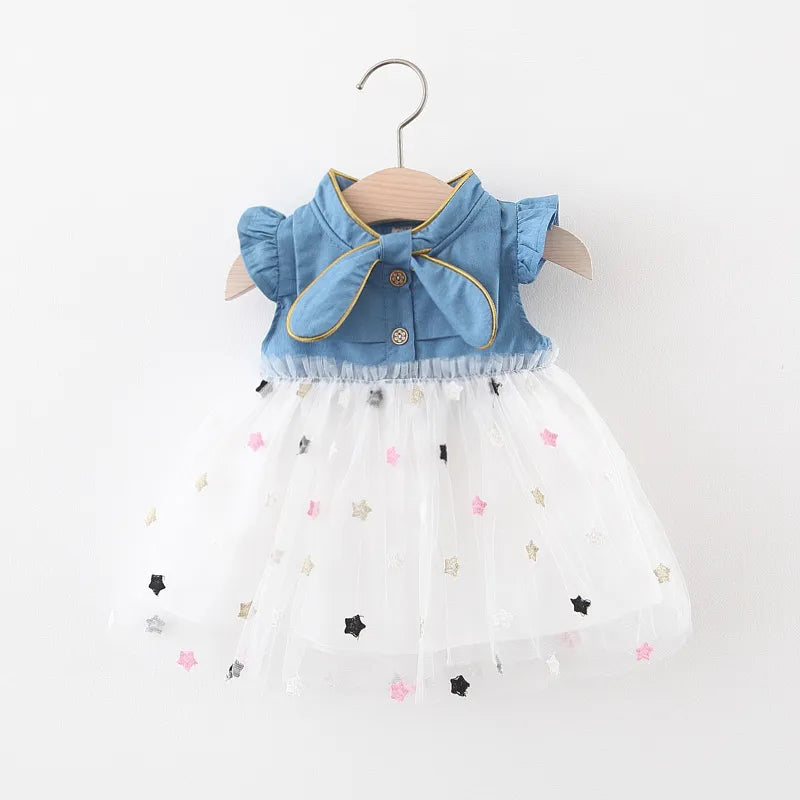 Girls' Summer Bow Denim Dress with Flying Sleeves