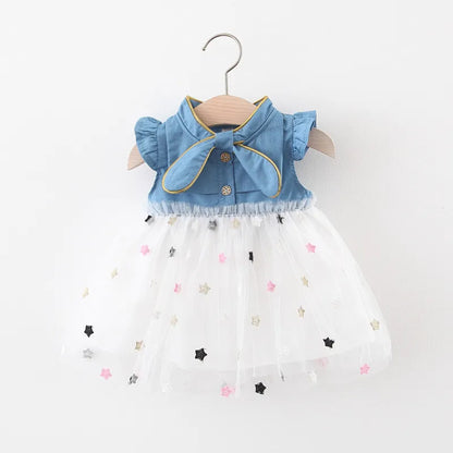 Girls' Summer Bow Denim Dress with Flying Sleeves