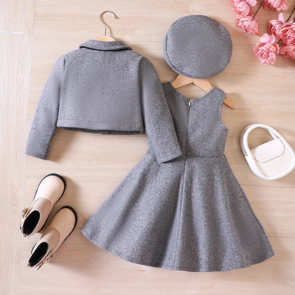 Girls' Autumn/Winter Bow Fleece Coat+Tank Top Dress+Beret