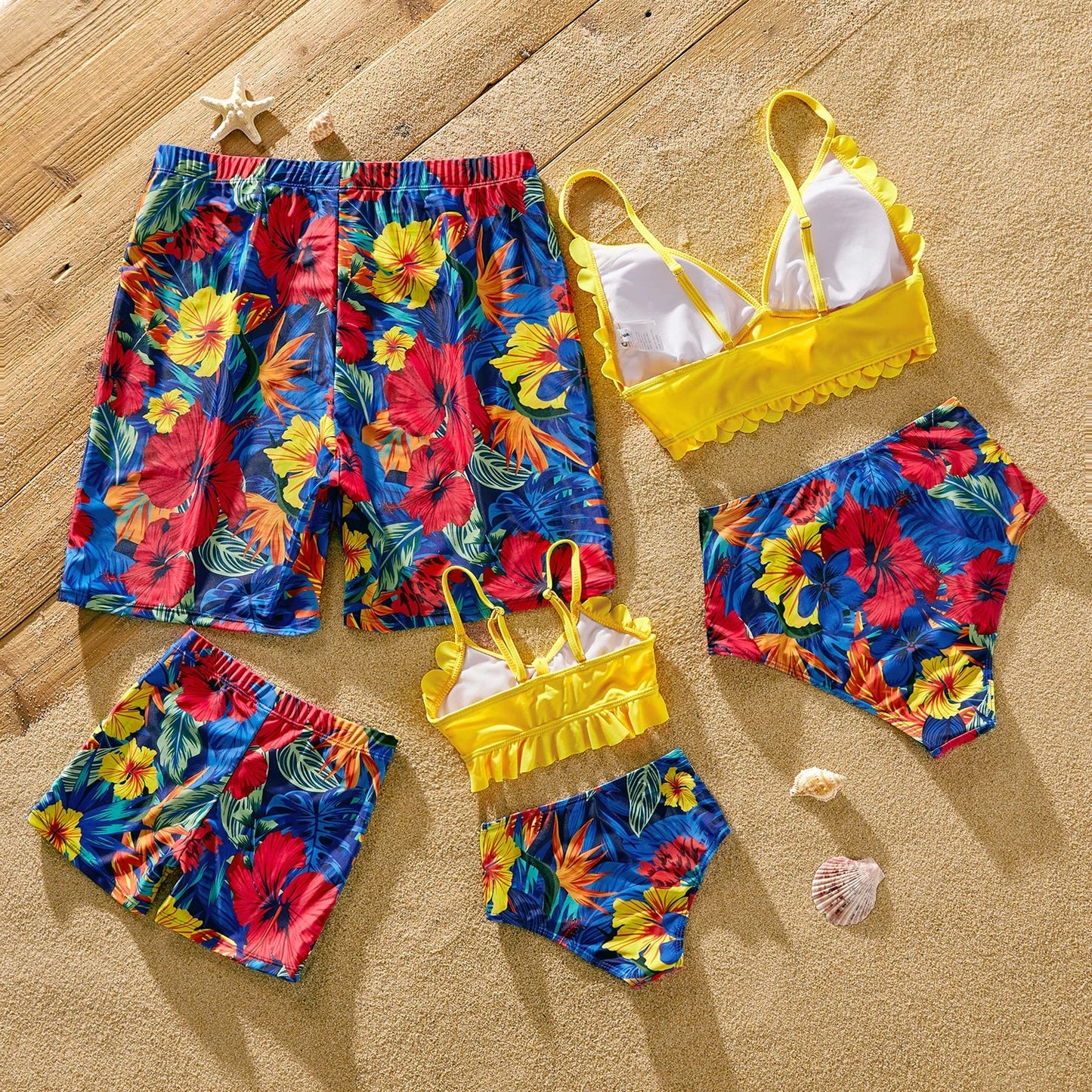 Family Matching: Solid Scallop Two-Piece & Floral Trunks