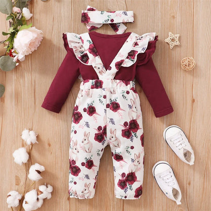Baby Girl Red Long Sleeve Bodysuit + Flower Strap Pants Set