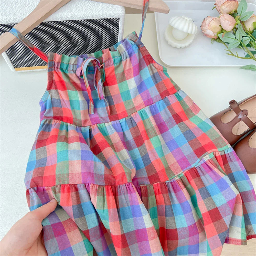 Summer Girls' Colorful Plaid Strap Dress