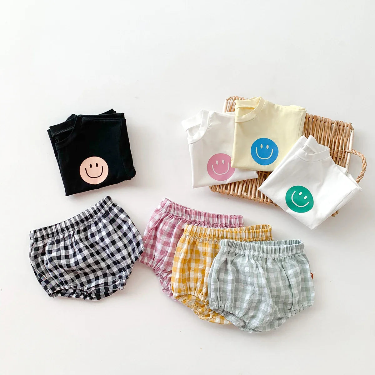 Smile Face Cotton T-shirt + Plaid Shorts Set: Summer Baby Outfit