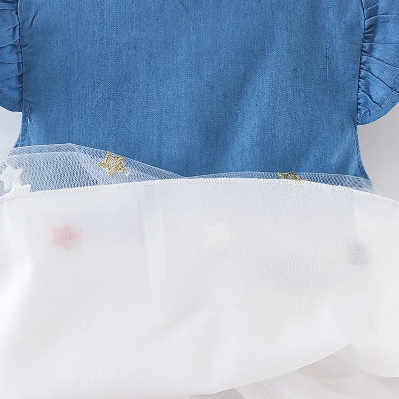 Girls' Summer Bow Denim Dress with Flying Sleeves