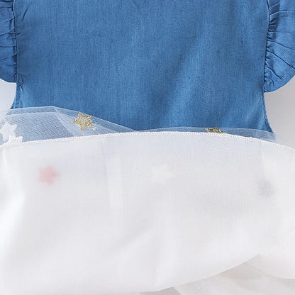 Girls' Summer Bow Denim Dress with Flying Sleeves
