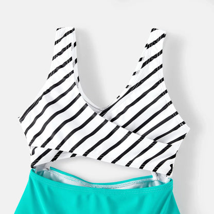 Family Matching Swimwear: Striped One-Piece & Colorblock Trunks, Summer Ready