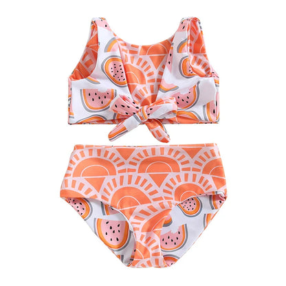 Watermelon Print Striped Swimsuit: Kid Girl's Two-Piece Beach Bathing Suit