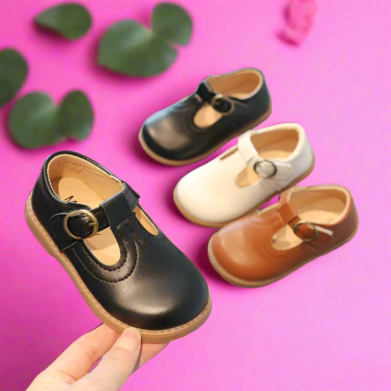 Kids T-Strap Leather Flats: Breathable