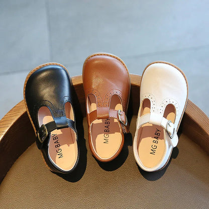 Kids T-Strap Leather Flats: Breathable