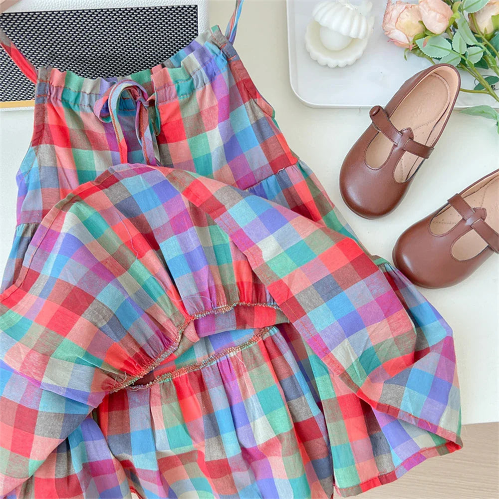 Summer Girls' Colorful Plaid Strap Dress