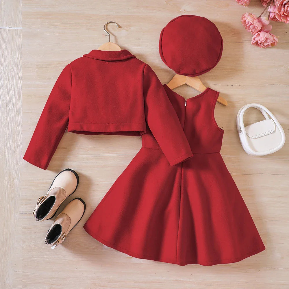 Girls' Autumn/Winter Bow Fleece Coat+Tank Top Dress+Beret
