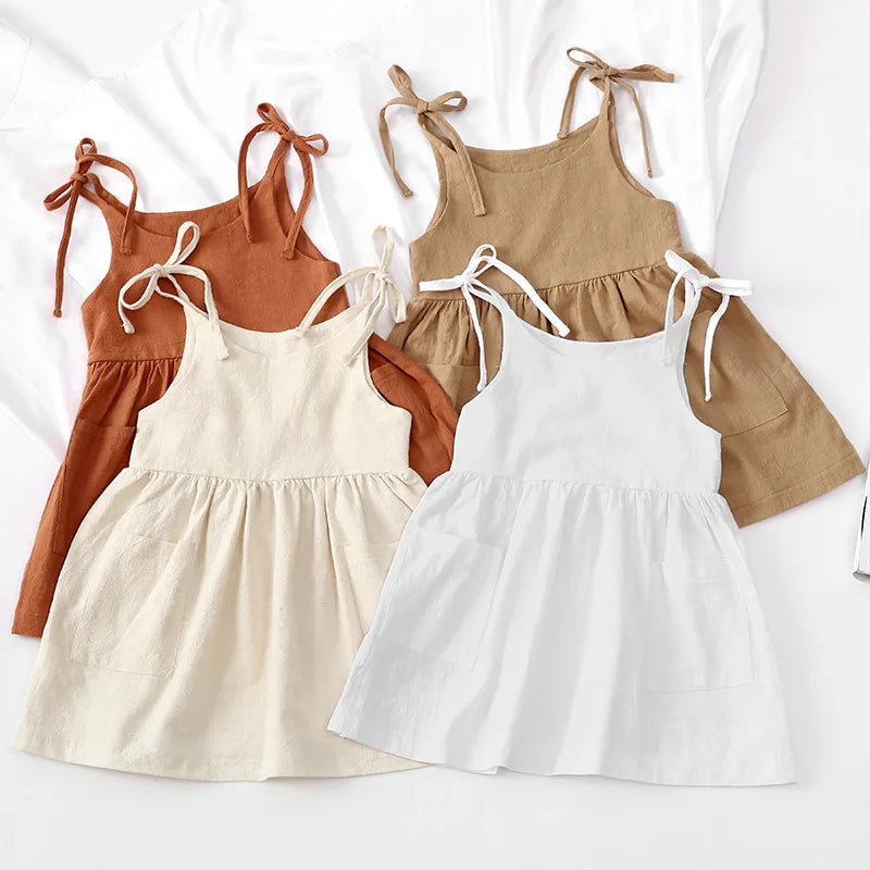 Girls' Summer Suspender Dress: Solid Color with Pocket